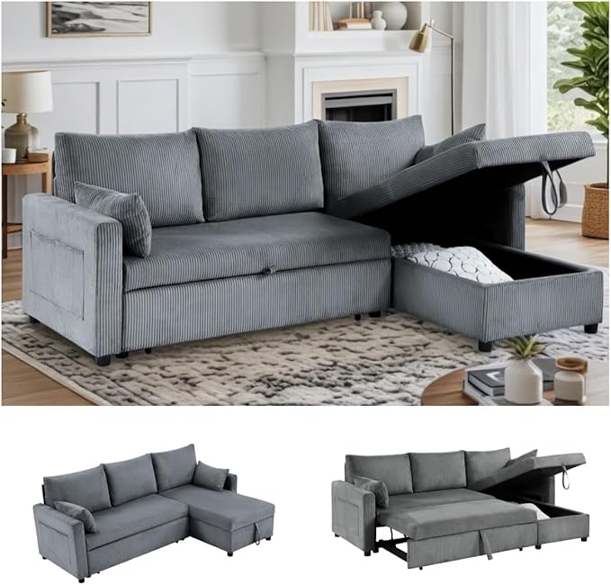 Sectional Sleeper Sofa with Pull Out Bed, LShape Convertible Sofa Bed Couch with Storage Chaise, 3 in 1 Pull Out Sofa Bed with 3 Seats, for Living Room,Apartment, Gray, 85Inch