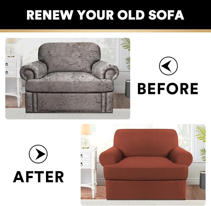 PrinceDeco 2 Pieces T Cushion Sofa Slipcovers Stretch Couch Covers for T Cushion Chair Slipcover Soft Arm Chiar Cover with 1 Individual T Shape Seat Covers Width Up to 40"- Rust