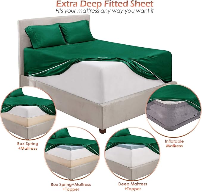 Hearth & Harbor Bed Sheets, Luxury Soft 6 Piece Bed Sheet Set Extra Deep Pocket Fitted Sheets Fits Mattress up to 21", Double Brushed Bedding Sheets & Pillowcases, Split King, Dark Green