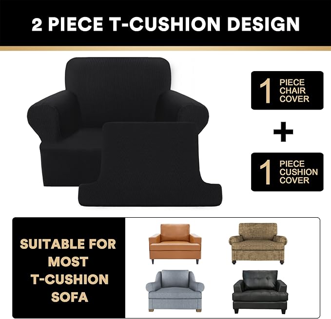 PrinceDeco 2 Pieces Armchair Slipcover Stretch Couch Covers for T Cushion Chair Slipcovers Soft Arm Chiar Cover Furniture Covers with 1 Individual T Shape Seat Covers Width Up to 40"- Black