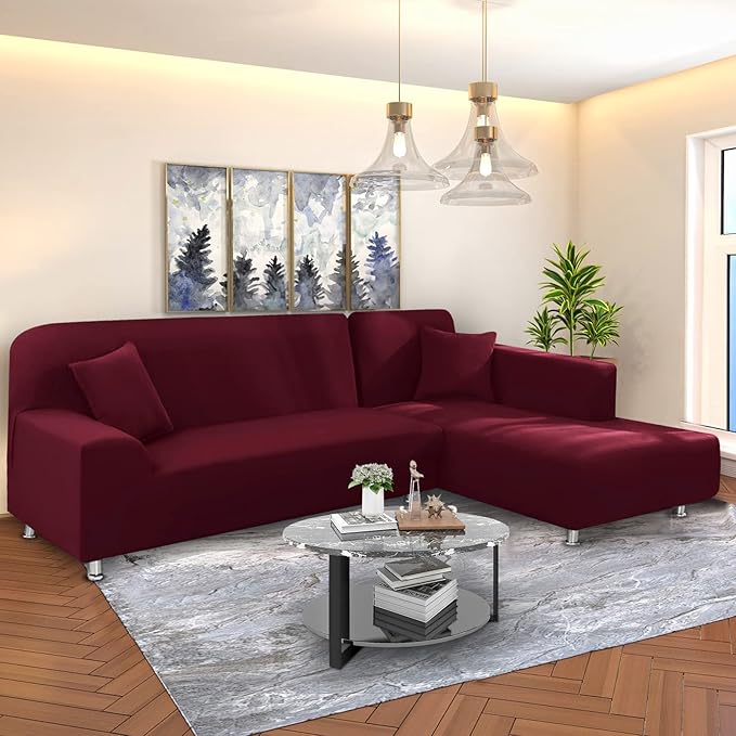 NAISI Couch Cover L Shape 2 Pieces Sofa Cover Soft Stretch Slipcovers with 2pcs Pillowcases Furniture Protector Sectional Couch Covers 3 Seater + 3 Seater(Burgundy)