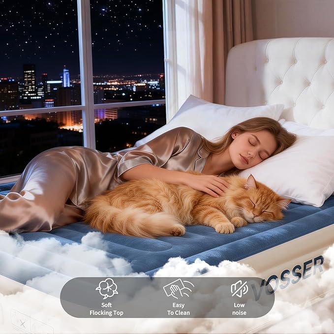 VOSSER Queen Air Mattress with Built-in Pump,18'' Raised Blow Up Mattress, Leak-Proof Air Bed with Storage Bag, Flocked Top Inflatable Mattress for Home, Camping & Guests，800lbs