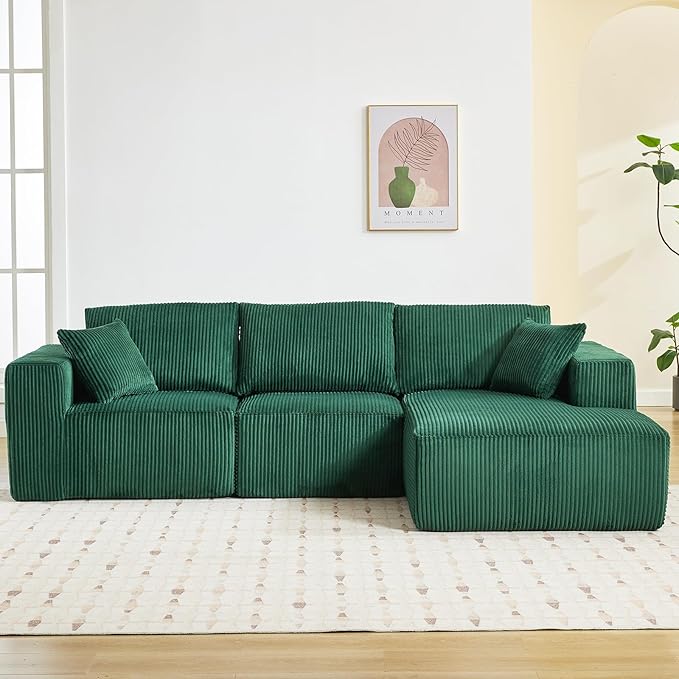 Sectional Cloud Boneless Couch 108" Modern Comfy L-Shape No Assembly Required Convertible Compression Sleeper Modular Sofa with Corduroy Fabric Deep Seat Loveseat + Chaise for Living Room