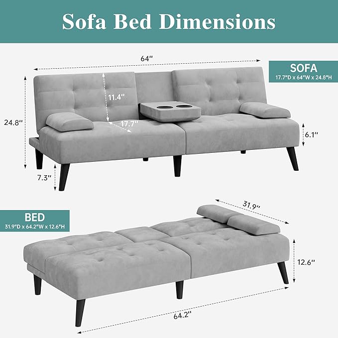 Meilocar 64" Futon Sofa Bed, Convertible Loveseat with 2 Cup Holders, Small Couch with 3 Adjustable Angles & Removable Armrest, Modern Sleeper Sofa for Apartment, Office, 5.3 FT, Light Grey
