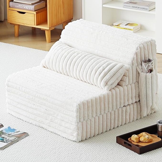 Tiita Folding Sofa Bed Single Size, Convertible Sleeper Chair Mattress with Pillow, Thick Corduroy Floor Mattress Couch Bed with Side Pocket, Guest Room, Dorm, Apartment, Beige