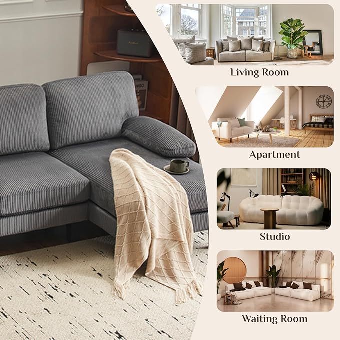 Karl home U-Shape Sectional Sofa Couch 111" Modern 4-Seat Sofa with Chaises Corduroy Fabric Upholstered Covertible Couch with Wood Grain Legs for Living Room, Reception Room, Apartment, Dark Gray