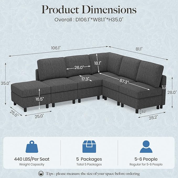 Belffin 107.1" 6 Seats L Shaped Couch Modular Sectional Sofa Seat Couch with Storage Comfy Washable Sectional Couches for Living Room Sofas with Chaise,Dark Grey