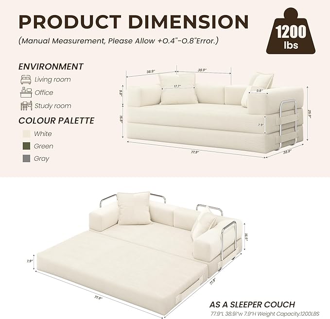 78 Inch Convertible Sofa Bed, 5-in-1 Futon Sofa Bed Pull Out Couch, Boneless Couch Bed for Living Room, Corduroy Boneless Couches for Bedroom, Apartment, No Assembly Sleeper Sofa Bed, Beige | 4 Fixed-Shape Frame, Removable Corduroy, High-density foam, ...