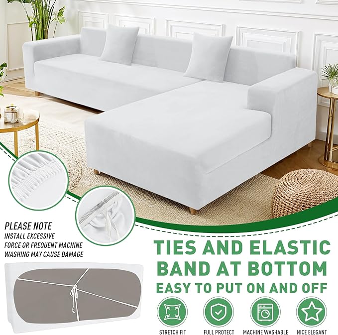 ZNSAYOTX 2026 Soft Velvet Sectional Couch Covers, Luxury Plush Slipcovers with Elastic Bottom for L Shape Sectional Sofa, 2 Pcs Pet Friendly Protector (3 Seat Couch + 2 Seat Chaise, White)