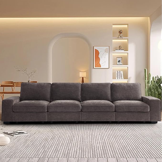 TEKAMON 128" Modular Sofa Couch with Seat Storage, Modern Comfy Long 4-Seater Chenille Couch for Living Room, Office, Apart W/Deep Seat, Wide Armrest, USB Port, Side Pockets, Washable Covers (DkGrey)