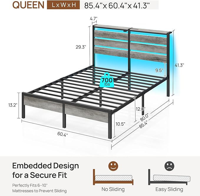 Rolanstar Queen Bed Frame with LED Lights and Charging Station, Wood Storage Headboard and Under Bed Storage, Metal Platform, Noise Free, No Box Spring Needed, Grey