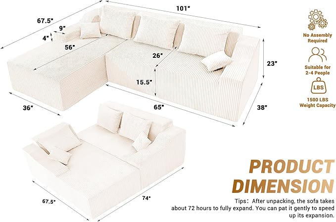 HABUTWAY 101'' Modular Sectional Sofa Cloud Couch with Deep Seat, Modern L-Shaped Convertible Couches Upholstered Couch with Chaise for Living Room Bedroom(Beige, Left-Facing Chaise)
