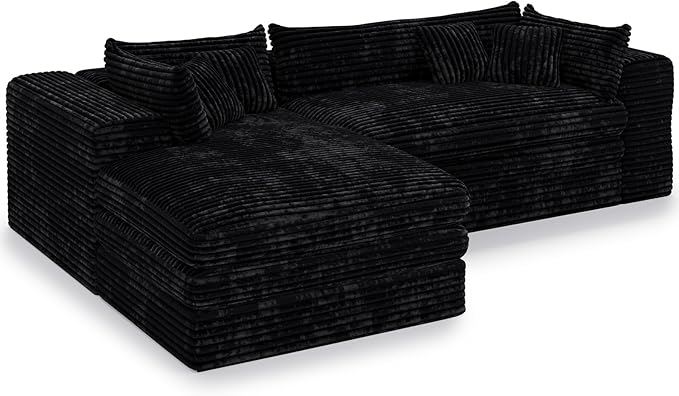 Belffin Plush Corduroy L Shaped Couch with Deep Seat Boneless Modular Sectional Cloud Boneless Couches for Living Room. Left Facing Chaise. Black Sofa