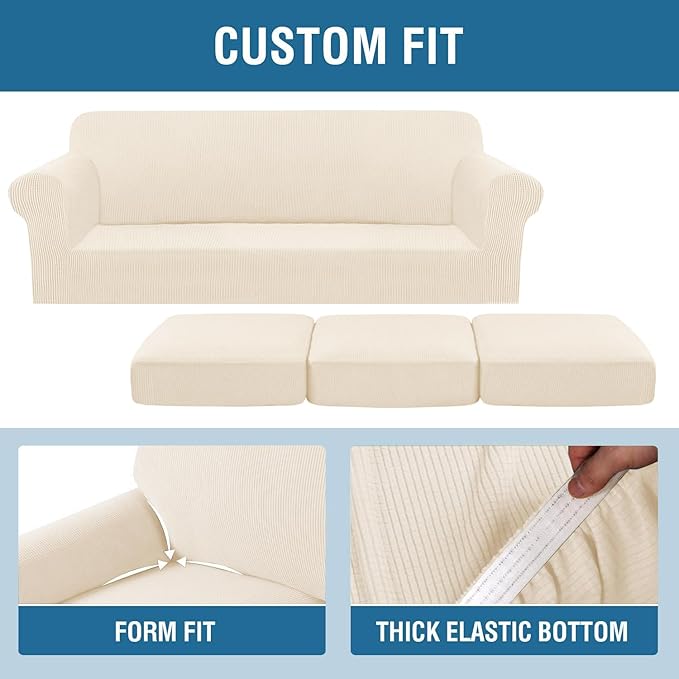 H.VERSAILTEX 4 Piece Stretch Sofa Covers for 3 Cushion Couch Furniture Slipcovers for Living Room (1 Base Cover Plus 3 Seat Cushion Covers) Jacquard Fabric Cover (XL Sofa, Cream)