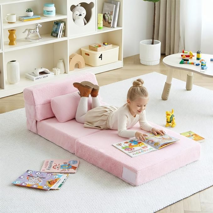 Tiita Convertible Folding Kids Sofa Bed with Pillow & Storage Bag, Plush Fabric Floor Mattress Couch Bed, Washable Cover, Kids Room, Playroom, Dorm, Apartment, Pink