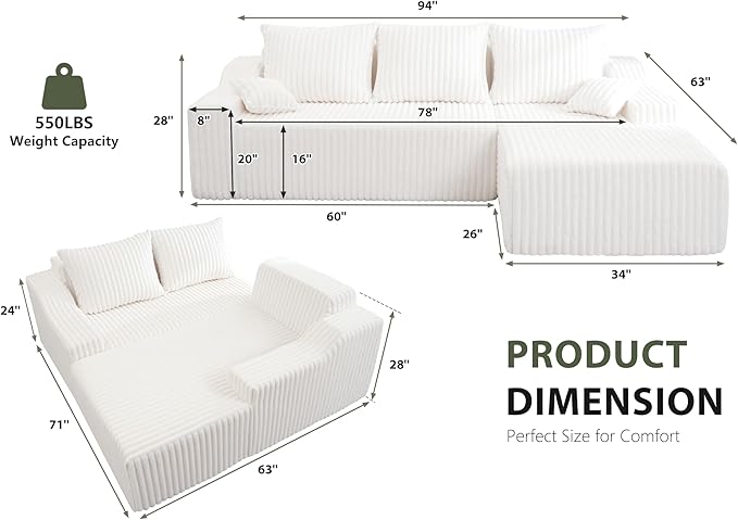 HABUTWAY 94'' Cloud Sectional Couch, Boneless Sofa with Deep Seat, Modular Comfy L-Shape Couch with Chaise for Living Room Bedroom, No Assembly Required(Beige,Right Facing Chaise)