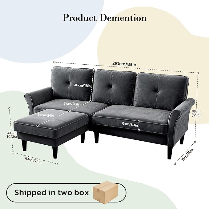 Sofas for Living Room, 83" Velvet Sectional Couch with Moveable Ottoman, Midcentury Modern Small Sectional Couch, L Shape Sofa & 2 Seater, Couches for Living Room, Apartment, Bedroom, Grey