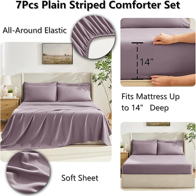 CozyLux Queen Comforter Set Dusty Purple, 7 Pieces Bed in a Bag, Grayish Purple Comforters Queen Size, Bedding Set with All Season Quilted Comforter, Flat Sheet, Fitted Sheet, Pillowcases
