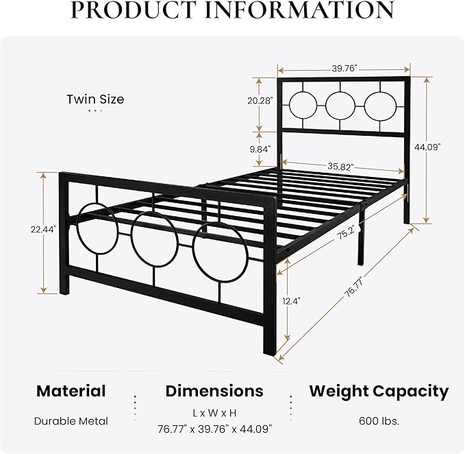 SHA CERLIN Twin Metal Bed Frame with Vintage Circular Design Headboard and Footboard,No Box Spring Required,Easy Assembly,Noise-Free,Black