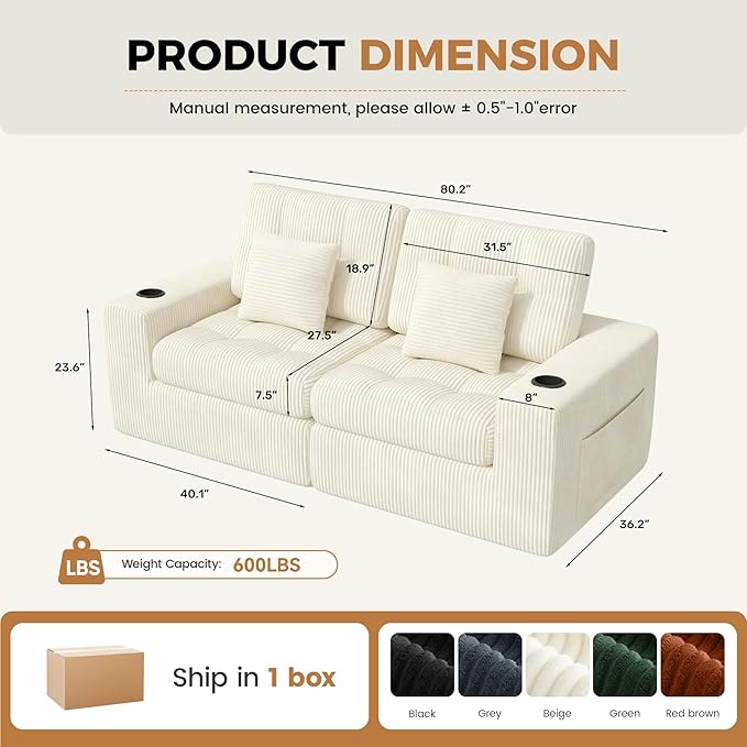 80" Boneless Loveseat Sofa in a Box,No Assembly Required Comfy Deep Seat Cloud Couch,Modern Small Couches for Living Room, Bedroom,Apartment,Beige 1 PCS