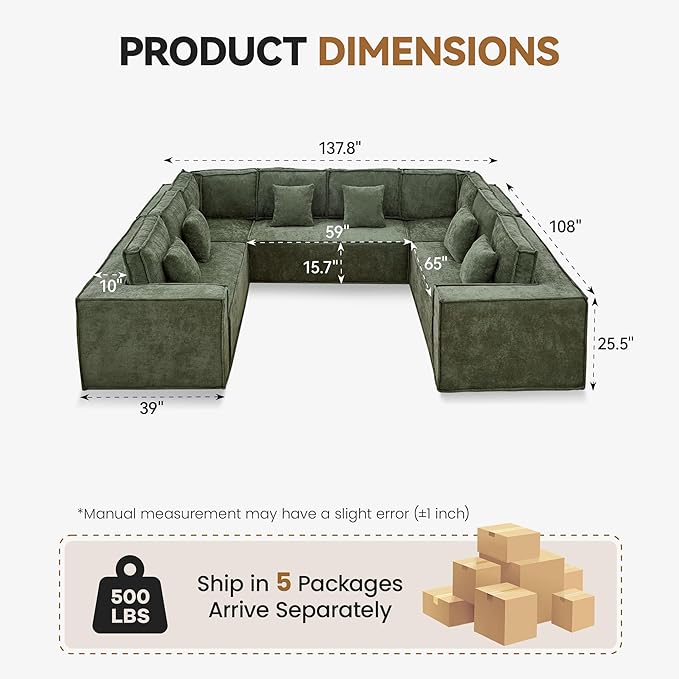 138'' Boneless Chenille U Shaped Couch, Oversized Modular Sectional 8 Seater Sofa, Modern Deep Seat Corner Cloud Compressed Couch, No Assembly Sleeper Sofa with Chaise for Living Room, Green