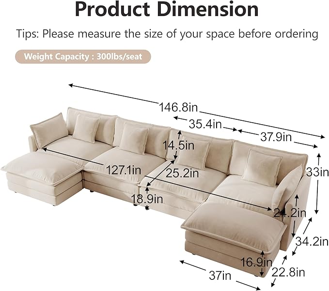 mikibama Modular Sectional Sofa, 146.5 Inch U Shaped Couch Set for Living Room, 4-Seater Comfy Cloud Couches with Two Movable Ottoman, DIY Combination, Chenille, Light Coffee