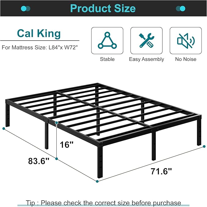 Maenizi California King Bed Frames, 16 Inch Heavy Duty Metal Platform Support Up to 3000 lbs with Steel Slat, No Box Spring Needed, Easy Assembly, Noise Free, Black