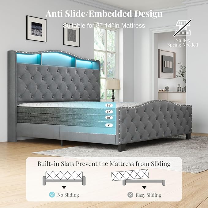 Belffin Queen Size Bed Frame and Headboard, 50.9" Velvet Upholstered Wingback Bedframe with LED Lights & Storage/Charging Station, Button Tufted Tall Footboard, No Box Spring Needed, Noise-Free, Grey