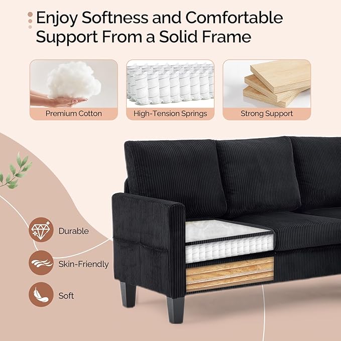 VINGLI 68.5' L Shaped Couch with Movable Storage, Convertible Sectional Sofa in Corduroy Fabric, Modern Reversible Chaise Couch for Small Spaces, Apartment, Living Room，Black