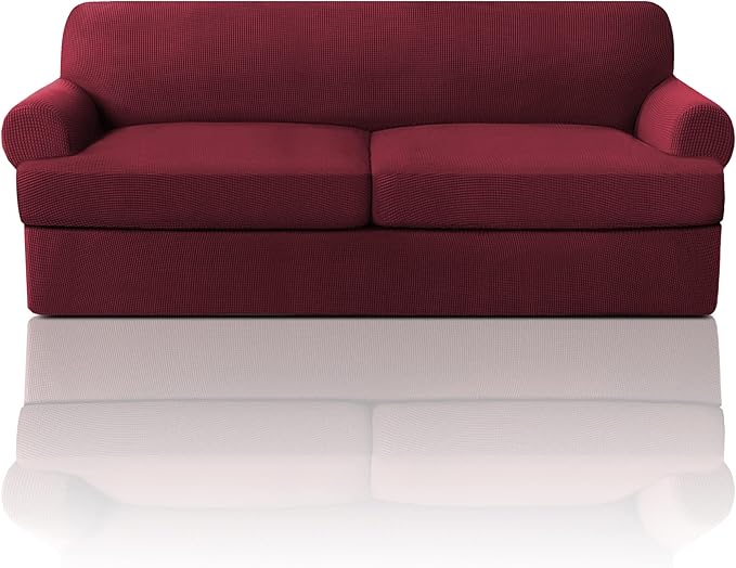 PrinceDeco T Cushion Sofa Slipcover 3 Pieces Sofa Covers for T Cushion Couch Soft Couch Covers Sofa Slip Cover Furniture Covers with 2 Individual T Shape Seat Covers Width Up to 88", Burgundy