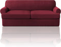 PrinceDeco T Cushion Sofa Slipcover 3 Pieces Sofa Covers for T Cushion Couch Soft Couch Covers Sofa Slip Cover Furniture Covers with 2 Individual T Shape Seat Covers Width Up to 88", Burgundy