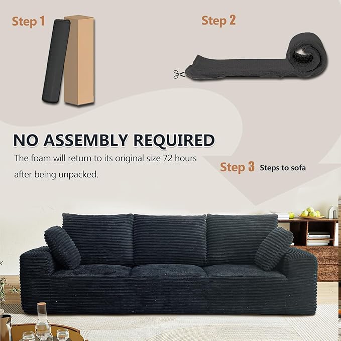 104.3“ Modular Sectional Cloud Couch, Boneless Couches for Living Room, 3 Seater Modern Lounge Couch, No Assembly Required, Black