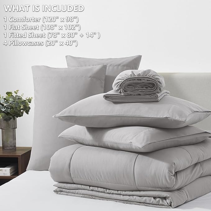 CozyLux Oversized King Comforter Sets French Grey, 7 Pieces Bed in a Bag, Ultra-Soft All Season Bedding Sets with Stitch Quilted Comforter, Flat Sheet, Fitted Sheet, Pillowcases
