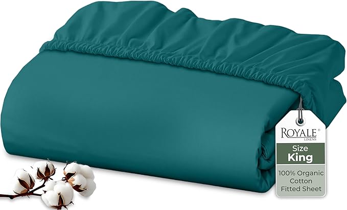 Royale Linens 100% Organic Cotton Fitted Sheet - Percale Weave - Super Soft Deep Pocket Bottom Sheets - Elastic Sheet King Size - King Fitted Sheets Only - (78"x80"+15", Teal)