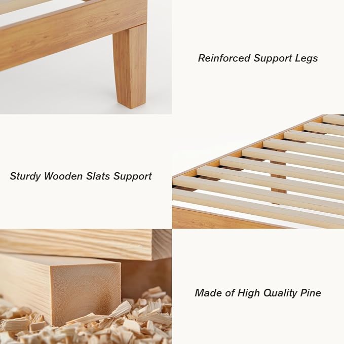 Sweetcrispy Solid Wood Bed Frame, Queen Size Bed Base with Wood Slat Support, Sturdy, Stylish & Noise-Free Design, No Box Spring Needed, Easy Assembly, 12 in Natural Pine