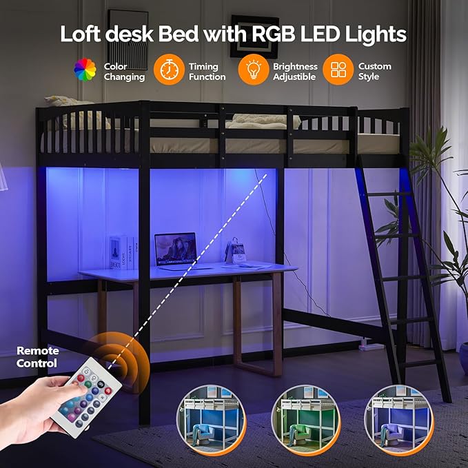 VINGLI Loft Bed Full Size with 15 inches Guardrail/USB Charging Station/LED, Solid Wood Double High Sleeper with Flat Rungs for Kids/Teens/Adults,No Box Spring Needed, Black