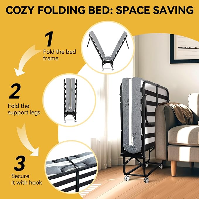 Folding Bed with Mattress for Adults, Twin Size Portable Foldable Bed with Metal & Wood Frame, Rollaway Guest, 75" x 38"