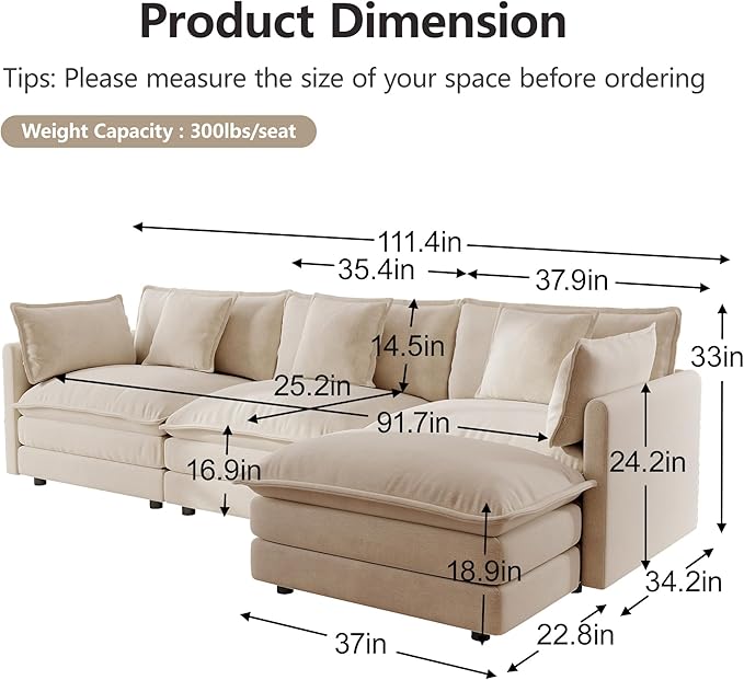 mikibama Modular Sectional Sofa, 111.5 Inch L Shaped Couch Set for Living Room, 3-Seater Comfy Cloud Couches with Movable Ottoman, DIY Combination, Chenille, Light Coffee