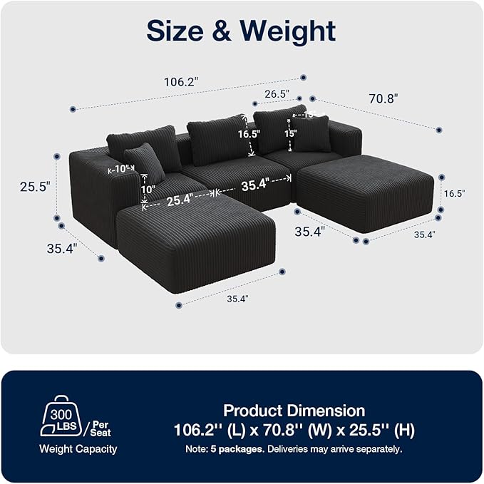 Avenco 106.2” U-Shaped Modular Sectional Sofa with 2 Ottomans, Individually Wrapped Coil Support & Corduroy Fabric, Zero Assembly 5-Piece Set for Mid-Size Living Room, Black