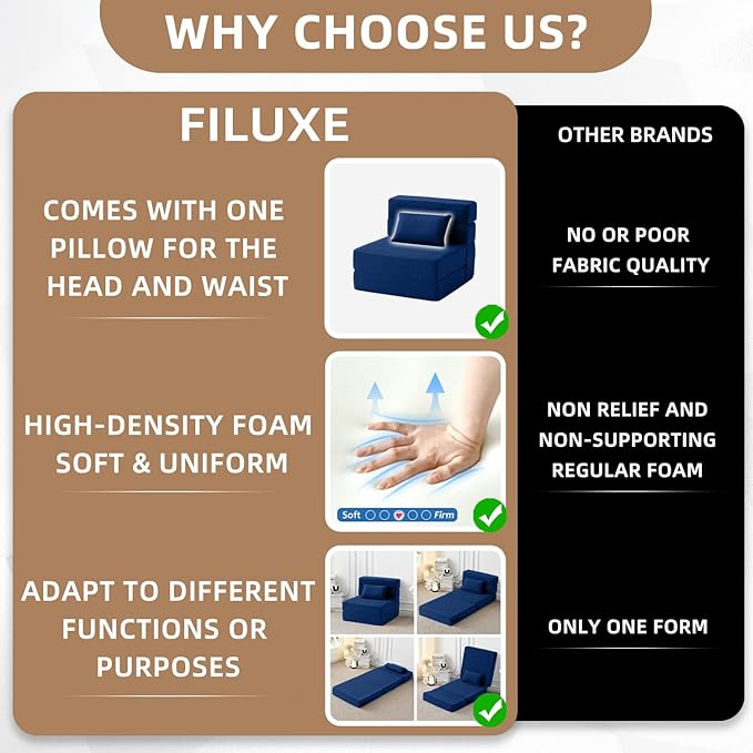 FILUXE Folding Sofa Bed | Convertible Sleeper Chair Bed for Adults, Fold Out Chair to Bed Linen Futon Chair with Pillow, for Home Dorm Apartment RV Living Room, Single Size Navy Blue