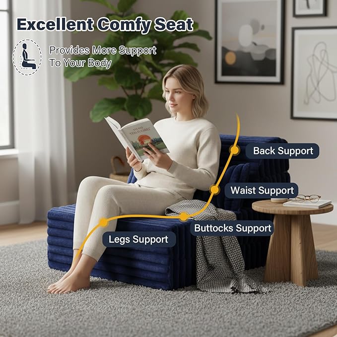 Tiita Folding Sofa Bed Single Size, Convertible Sleeper Chair Mattress with Pillow, Thick Corduroy Floor Mattress Couch Bed with Side Pocket, Guest Room, Dorm, Apartment, Navy