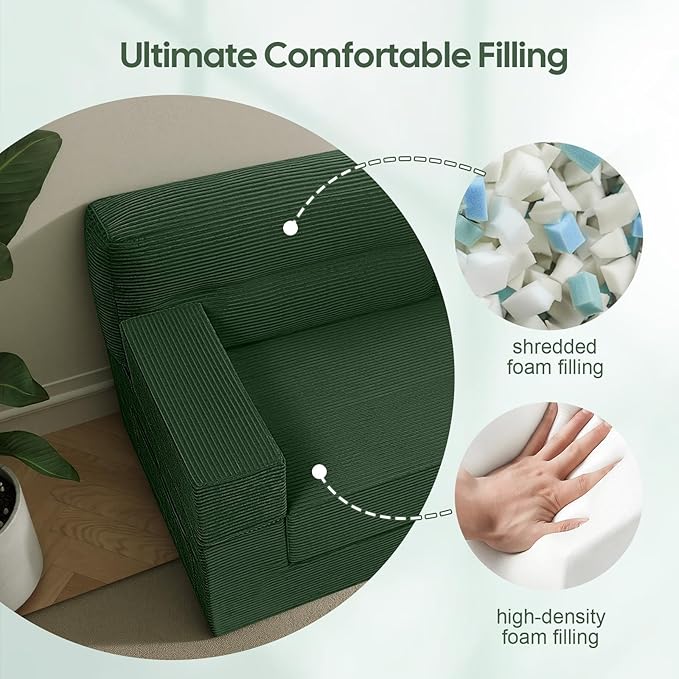 MeMoreCool Boneless Couch Convertible Sofa Bed Queen, Corduroy Futon Couch Sleeper Sofa, Boneless Loveseat Pull Out Couch Bed, Fold Out Floor Sofa for Living Room Bedroom Apartment, Green