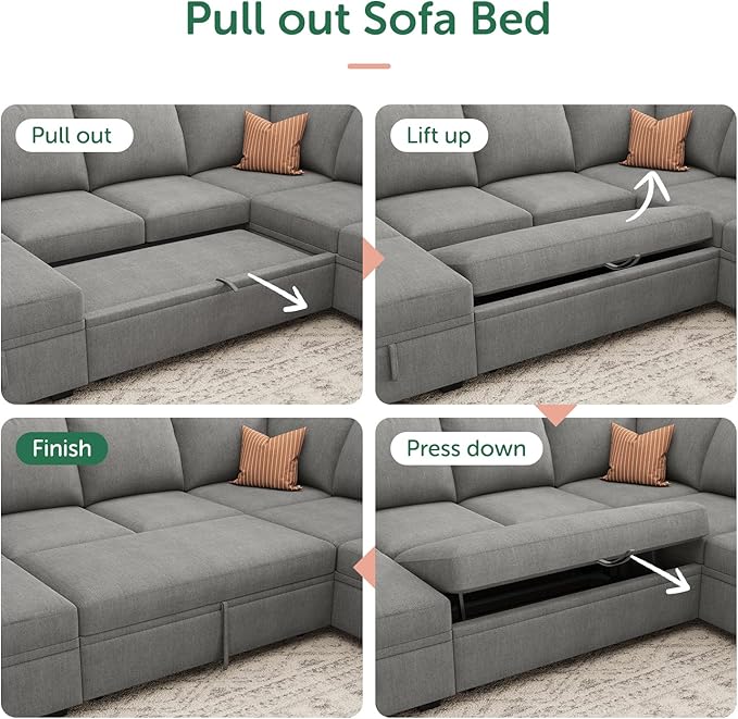 HONBAY Modular Sectional Couch with Pull Out Bed, Chenille Sleeper Sofa with Storage Seats, U Shaped Sectional Couches for Living Room, Warm Grey