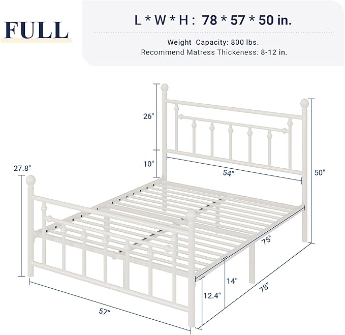 Allewie 14 Inch Full Size Metal Platform Bed Frame with Victorian Vintage Headboard and Footboard/Mattress Foundation/Under Bed Storage/No Box Spring Needed/Easy Assembly/Noise Free/White