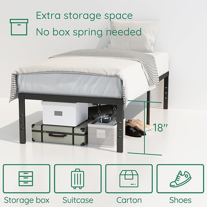 DiaOutro 18 Inch Narrow Twin Bed Frames Heavy Duty No Box Spring Needed Metal Platform with Maximum Storage, Easy Assembly, Noise Free, Black