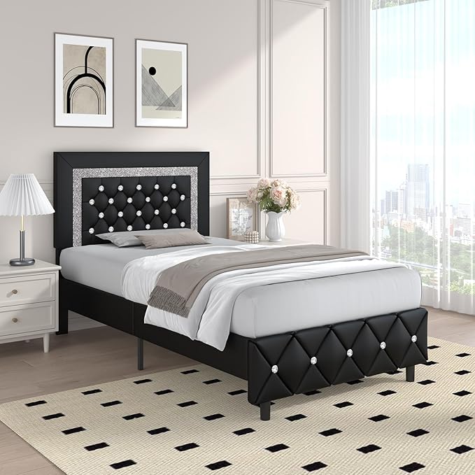 Twin Bed Frame, Faux Leather Platform Bed with Upholstered Diamond Headboard, Mattress Foundation with Strong Wooden Slats Support, No Box Spring Required, Easy Assembly, Black