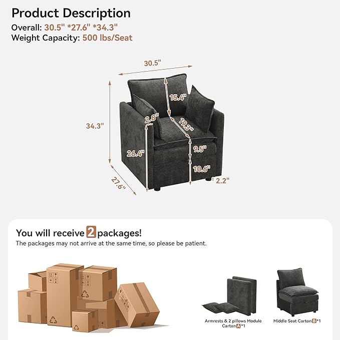 30" Cloud Modular Single Sofa Chair with Storage, Modern Upholstered Accent Chair Deep Seat, Chenille Reading Lounge Armchair for Living Room, Bedroom, Small Space, Dark Grey | Single Sofa, Accent Chair, Reading Lounge, Armchair, Chenille Sofa