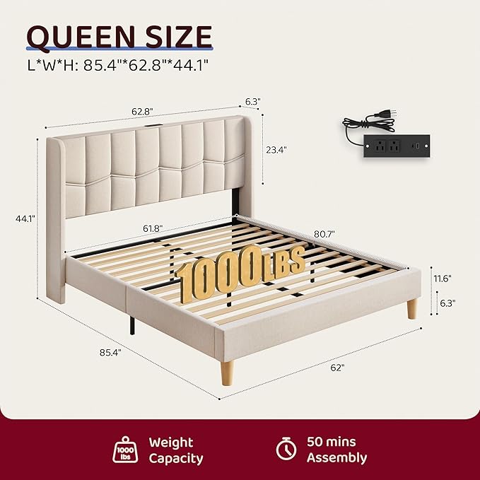 BRELTAM Queen Upholstered Platform Bed Frame with Linen Headboard & Wing Side, Built-in Charging Station, Wooden Slat Support, Mattress Foundation, No Box Spring Needed, Beige