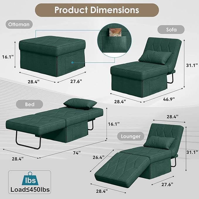 Convertible Sofa Bed with 5-Level Adjustable Backrest, 74" D x 28" W 4-in-1 Folding Ottoman Sleeper Chair Bed, Modern Single Futon Couch for Living Room Apartment Dorm Small Space, Green