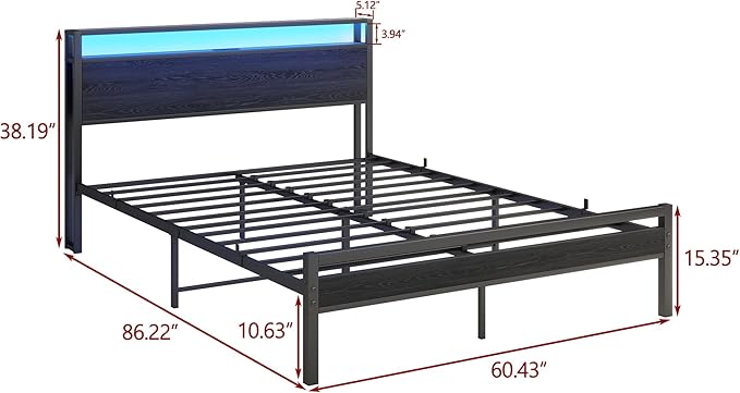 BOFENG Queen Bed Frame with Storage Headboard/LED Lights,Metal Platform Bed Frame with Charging Station,Bed Frame Queen Size with Storage,No Box Spring Needed,Noise Free,Black